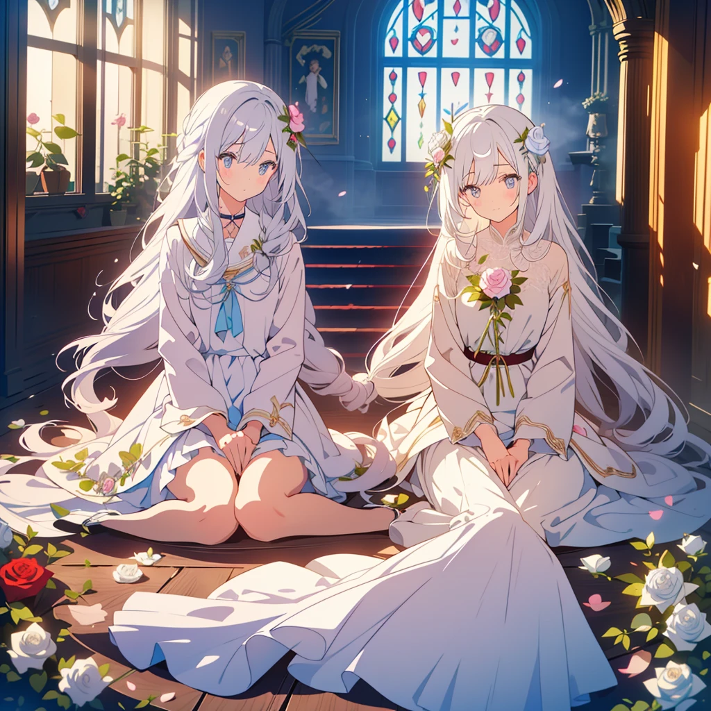 Both twins sitting with long white hair, one a son of the moon and the other a daughter of the sun.