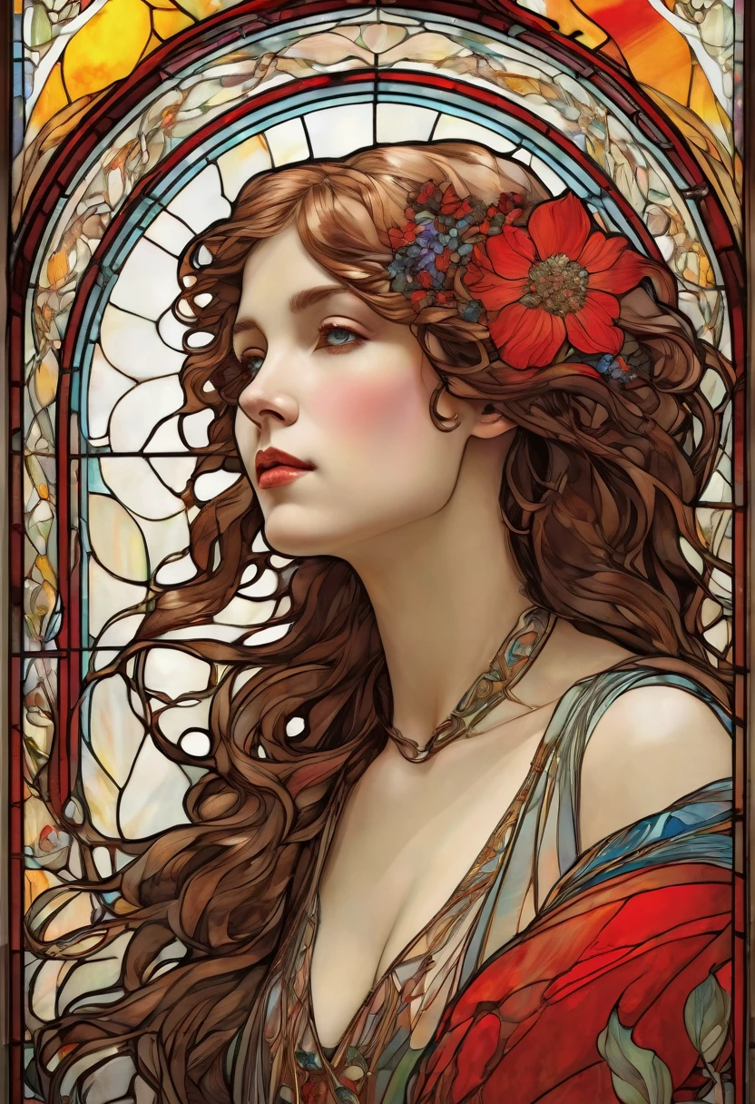 Half-length portrait of a European woman, long curly hair, red, flower frame, decorative panel, colored stained glass,abstract art, by alphonse mucha (artwork, highest quality, high resolution: 1.4),art nouveau, detailed, intricate details, 4K, splash of color, line art, fibonacci, HDR.
