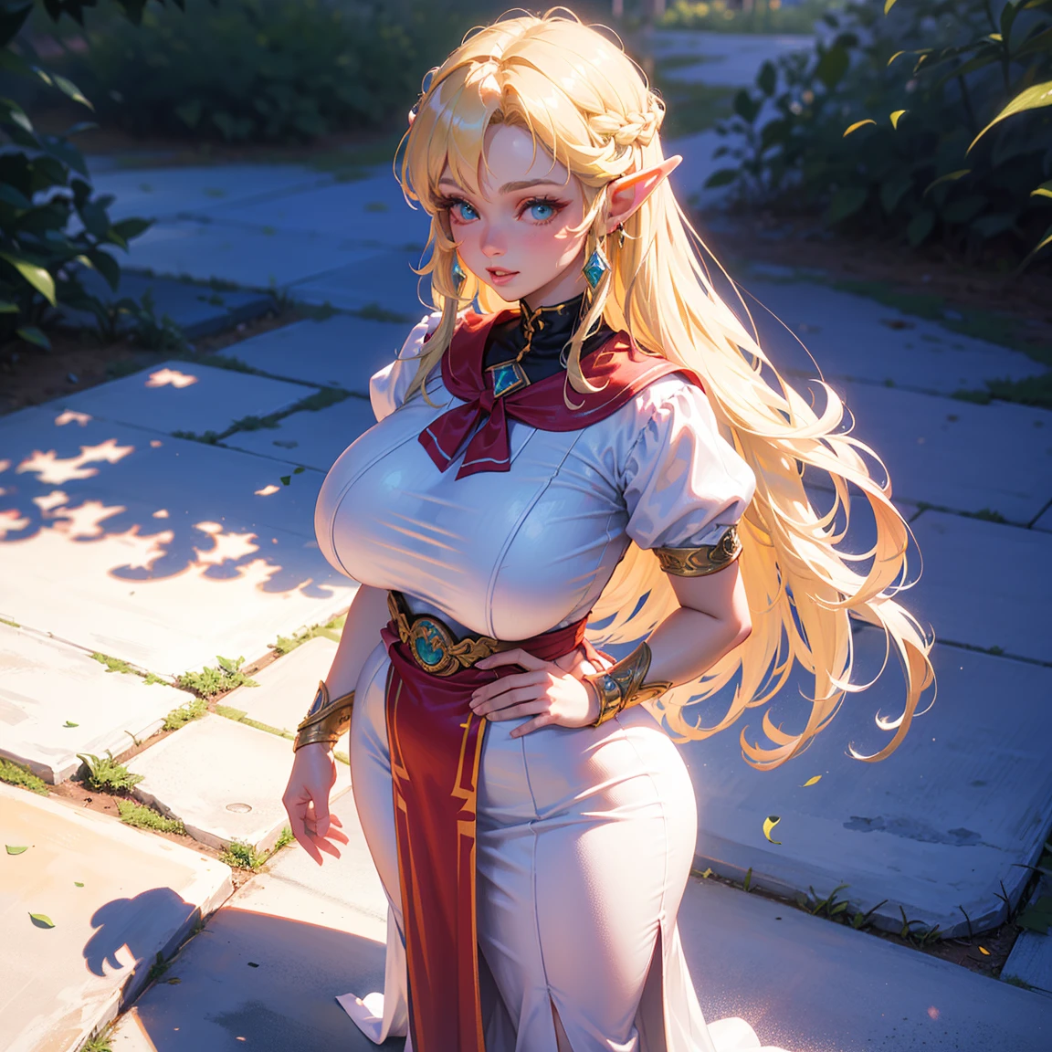 A Woman with long hair in blue and red clothing holding a modeling pose, warrior, Zelda, full body Portrait of Zelda, Zelda legend, Photos cosplay, Ornate Cosplay, Professional Cosplay, Cosplay, Full Cosplay, Artgerm Moody Photography, Princess Zelda, Zelda as Triforce, Hyrule, Anime Garota Cosplay, ray-traced, 3d-render, extremely detailed, high quality, realistic light and shadow, hair loiros, eye reflection, slight smile, (Ultra Quality,Unparalleled Masterpiece:1.4)Overwhelmingly Pixel-Perfect,Ultra-Detailed CG 4K,(Ultra-Detailed Clear Absurdly-Vivid Jade Big Eyes:1.2),Gorgeous Round Detailed Face(Voluptuous:1.4)Elf(big BrVoluminous Long Blonde Hair: 1.4),ADULT(Bangs, Sidelocks:1.2)Seductive(intriely detailed white dress:1.3)(Zelda)(Celestine Lucullus: 1.2)(Solo:1.4)(1Girl: (Facing Viewer:1.2)(arms behind back:1.2)(Cowboy Shot:1.2)(from above:1.1),Skindentation(Curvaceous:1.4)(Curvy:1.4)(Bimbo: 1.4)(Normal Waist)(Thick Lips: 1.3)small-nose(light smile: 1.2cks,Trees, Plants,Bush,Color Graded, dress as sailor venus