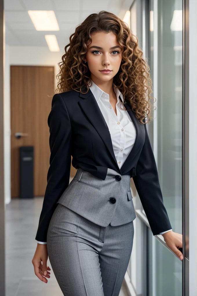 A young , beautiful european girl, curly hair, Hazel eyes, professional,formal, intelligent, business suit, office, ultra high quality, photorealistic, 8K, Dutch angle