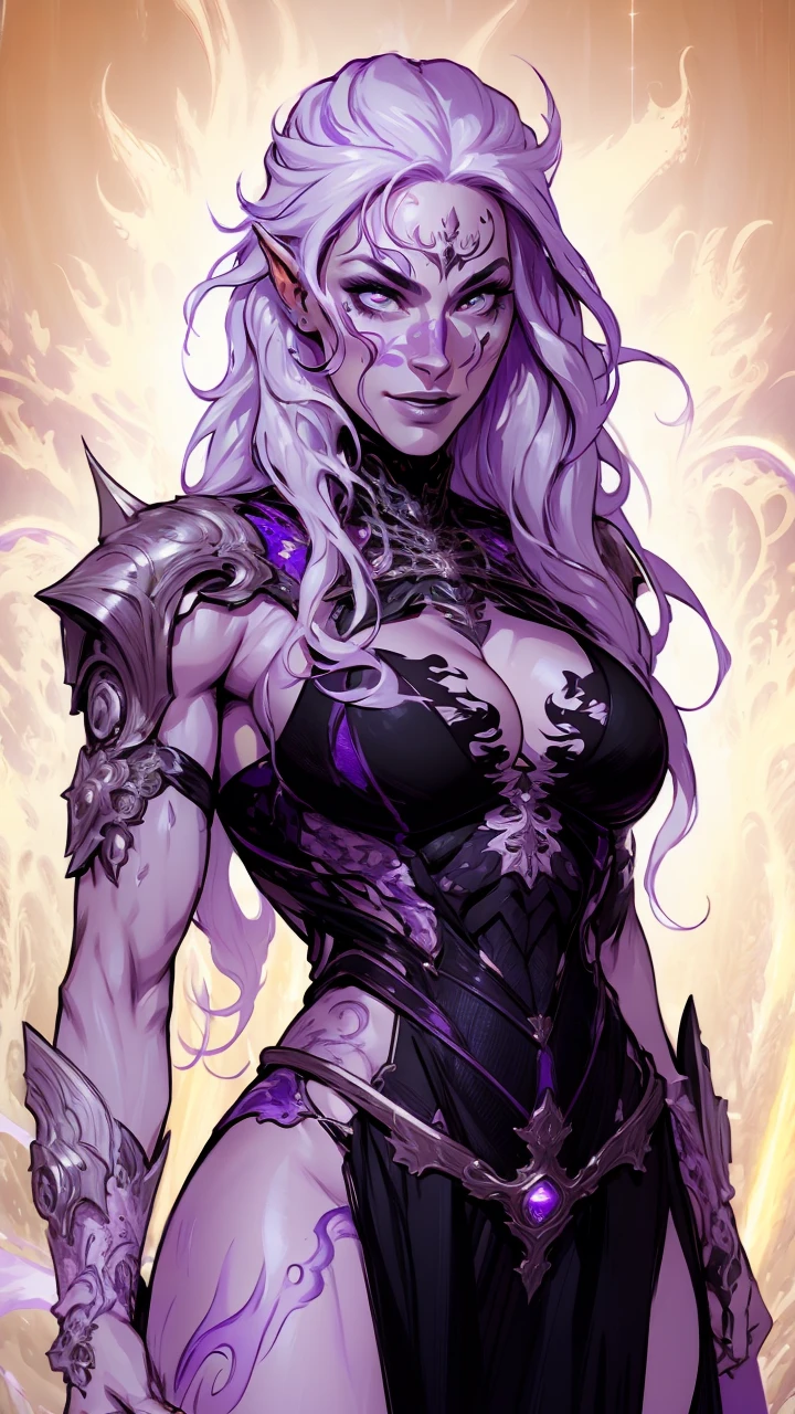 official arts, 8k unity wallpaper, ultra-detailed, beautiful and aesthetically pleasing, masterpiece, best quality, (fractal art: 1.3),female, 1 girl, magic woman, purple eyes, misterious smile, tall woman, very muscular, action move, attack movement, suspicios face, wavy messy white hair, black dress