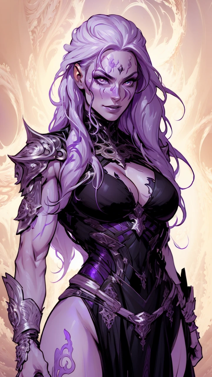 official arts, 8k unity wallpaper, ultra-detailed, beautiful and aesthetically pleasing, masterpiece, best quality, (fractal art: 1.3),female, 1 girl, magic woman, purple eyes, misterious smile, tall woman, very muscular, action move, attack movement, suspicios face, wavy messy white hair, black dress