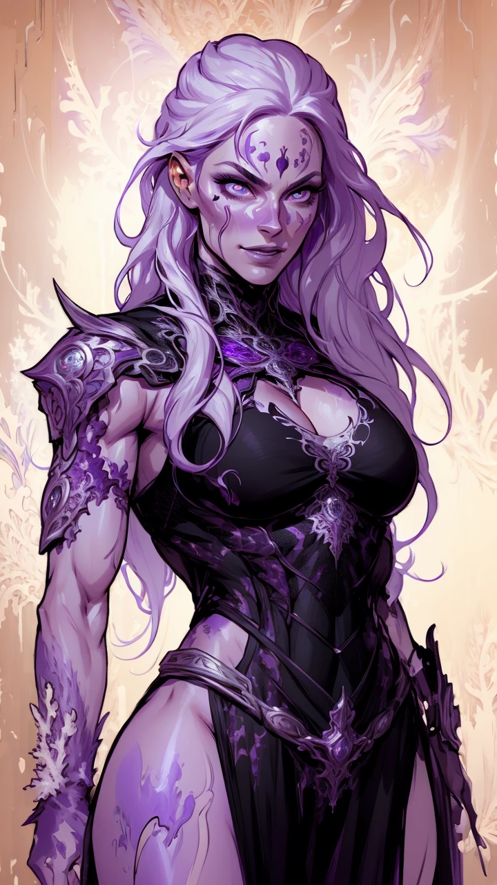 official arts, 8k unity wallpaper, ultra-detailed, beautiful and aesthetically pleasing, masterpiece, best quality, (fractal art: 1.3),female, 1 girl, magic woman, purple eyes, misterious smile, tall woman, very muscular, action move, attack movement, suspicios face, wavy messy white hair, black dress