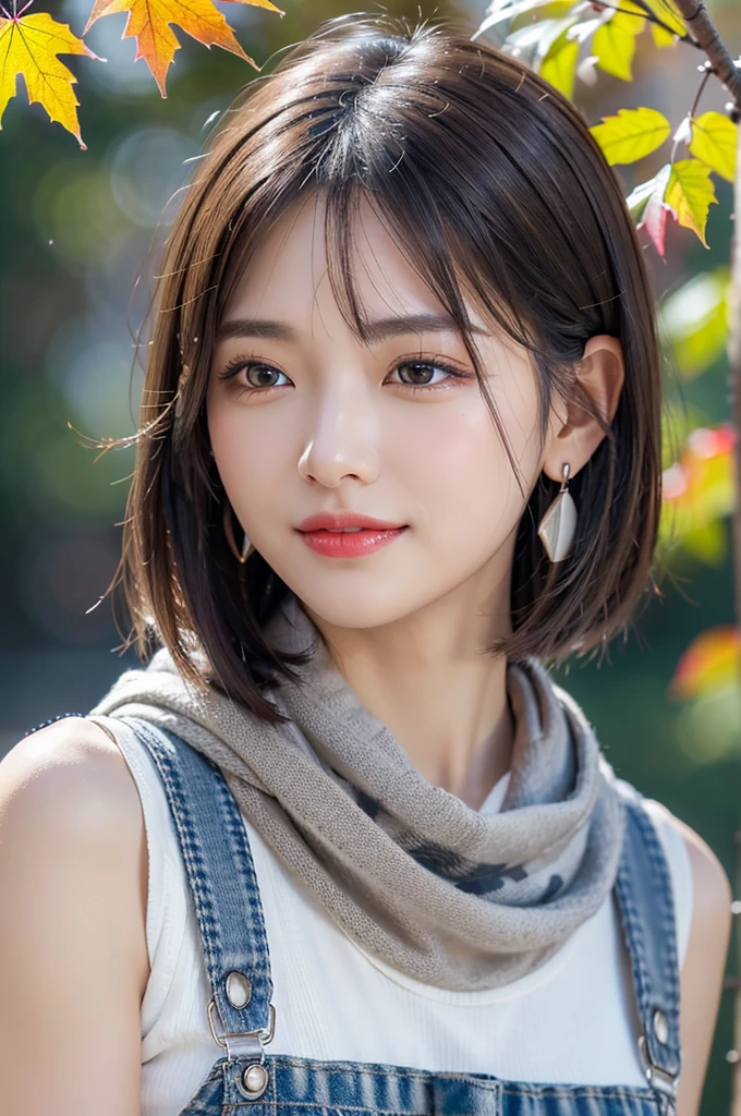 (RAW Photos), (((Overall image)))、35age、Thick red sweater、White scarf around neck、Long thin earrings、Round eyes、Cheek on ear、correct、make、smile、Biting the lower lip、(((Close one eye and wink)))、Soft lips、誘惑的なsmile、Sparkle、Darker lipstick、Cheek on nose、(Autumn leaves)、((Watery eyes))、Asymmetrical Hair、Real Skin、Blonde Hair、Very realistic,Gray Hair、Messy Hair、Hair behind the ear、Floating Hair、short hair、Boyish Hair、Blunt bangs、Drop Shadow、Hyperrealism、Contemporary Art、shine、reflected light、Nikon、Ultra Wide Angle、16K、Super detailed、最high quality、uhd、Anatomically correct、Awards、最high quality、Ultra high detail、high quality、High resolution、Textured skin、correct、masterpiece、