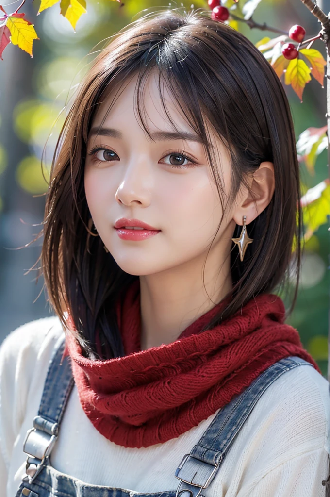 (RAW Photos), (((Overall image)))、３５age、Thick red sweater、White scarf around neck、Long thin earrings、Round eyes、Cheek on ear、correct、make、smile、Biting the lower lip、（((Close one eye and wink)))、Soft lips、誘惑的なsmile、Sparkle、Darker lipstick、Cheek on nose、(Autumn leaves)、((Watery eyes))、Asymmetrical Hair、Real Skin、Blonde Hair、Very realistic,Gray Hair、Messy Hair、Hair behind the ear、Floating Hair、short hair、Boyish Hair、Blunt bangs、Drop Shadow、Hyperrealism、Contemporary Art、shine、reflected light、Nikon、Ultra Wide Angle、16K、Super detailed、最high quality、uhd、Anatomically correct、Awards、最high quality、Ultra high detail、high quality、High resolution、Textured skin、correct、masterpiece、