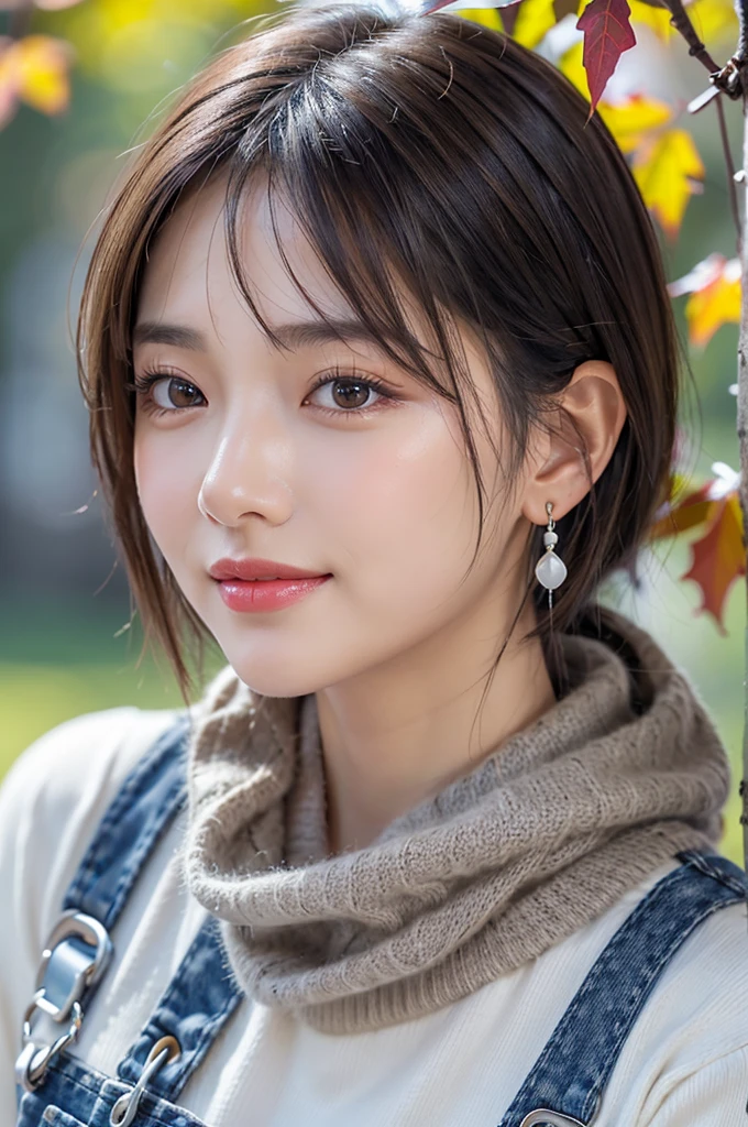 (RAW Photos), (((Overall image)))、35age、Thick red sweater、White scarf around neck、Long thin earrings、Round eyes、Cheek on ear、correct、make、smile、Biting the lower lip、(((Close one eye and wink)))、Soft lips、誘惑的なsmile、Sparkle、Darker lipstick、Cheek on nose、(Autumn leaves)、((Watery eyes))、Asymmetrical Hair、Real Skin、Blonde Hair、Very realistic,Gray Hair、Messy Hair、Hair behind the ear、Floating Hair、short hair、Boyish Hair、Blunt bangs、Drop Shadow、Hyperrealism、Contemporary Art、shine、reflected light、Nikon、Ultra Wide Angle、16K、Super detailed、最high quality、uhd、Anatomically correct、Awards、最high quality、Ultra high detail、high quality、High resolution、Textured skin、correct、masterpiece、