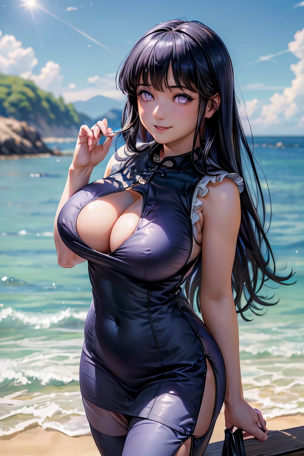 (masterpiece, Highest quality:1.3), (Super detailed:1.4),(Super detailed顔:1.2),(Super detailed目:1.2), (hyperRealistic:1.3), (RAW Photos:1.2), High-definition RAW color photos, Professional photos, (PhotoRealistic:1.4), (Realistic:1.4),8k,Professional Lighting, Perfect Anatomy, BREAK,(Big Breasts:1.6),(blush:1.2),(Bright smile:1.2),Hyuuga Hinata, High detail, Sharp focus, dramatic,dutch angle,Sparkling,Ray Tracing, sharp eyelash, ((eyelash)), mascara, (Playmate pose:1.1), (whole body:1.1),Long Hair, Black Hair, BREAK, (Light purple eyes:1.3), bangs,(Beach), (blue sky:1.3), (sun),BREAK,(Sleeveless cheongsam:1.3)