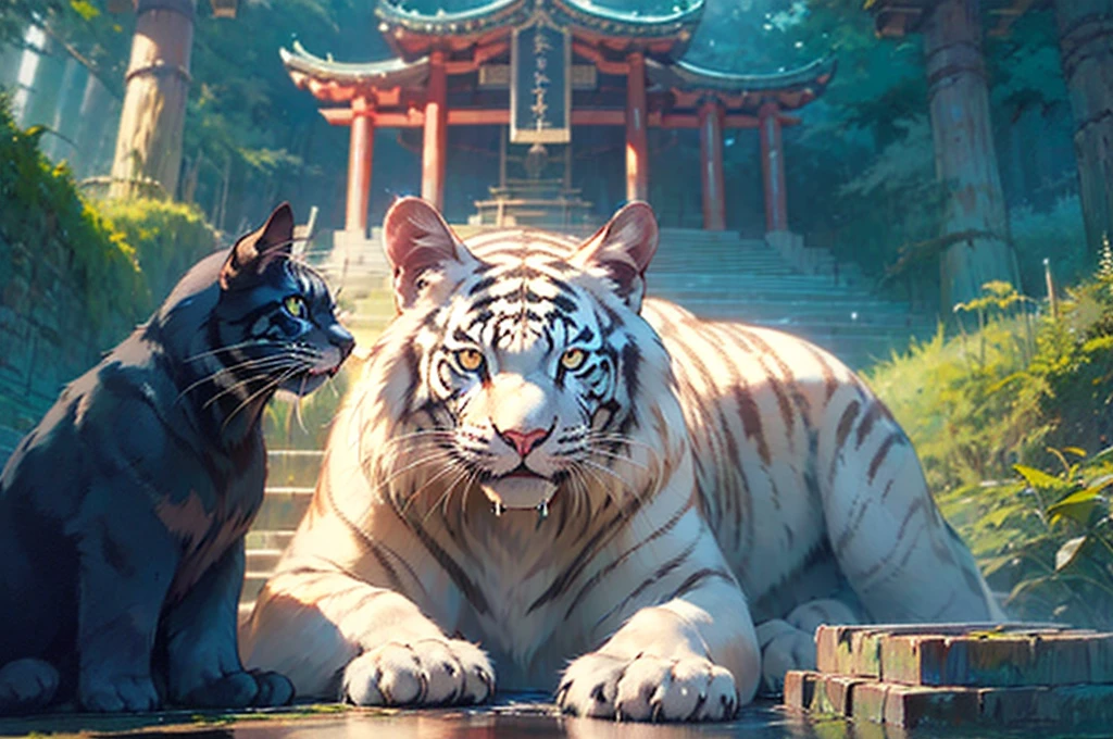 ((best quality)), ((masterpiece)), (detailed), Studio Ghibli、Wet day、in the forest、Dark Forest、in the forest、Giant black cat、One huge black cat、View here、night、shrine、Temple