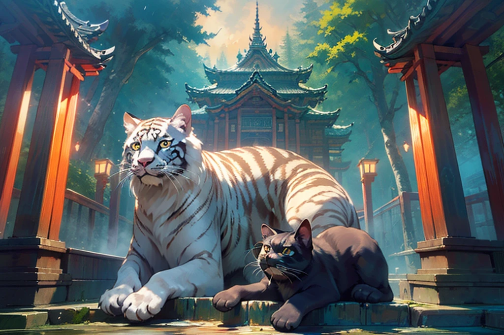 ((best quality)), ((masterpiece)), (detailed), Studio Ghibli、Wet day、in the forest、Dark Forest、in the forest、Giant black cat、One huge black cat、View here、night、shrine、Temple