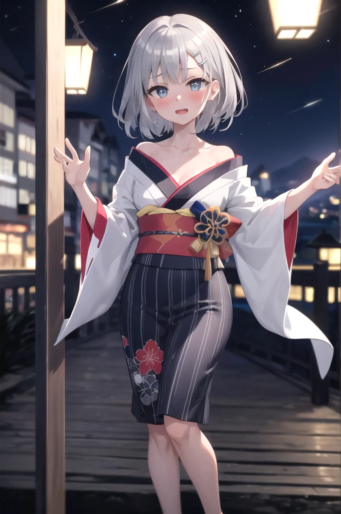 (8K, best quality, master piece: 1.2),super high resolution,1 girl, solo, full body ,ultra-detailed face, blush, ash hair, (silver gray hair:1.3), thin hair clip, cyan colorshift eyes, expressive eyes, collarbone, Ecstatic expression, Midnight, Shining stars and shooting stars, coastline, Colorful kimono,