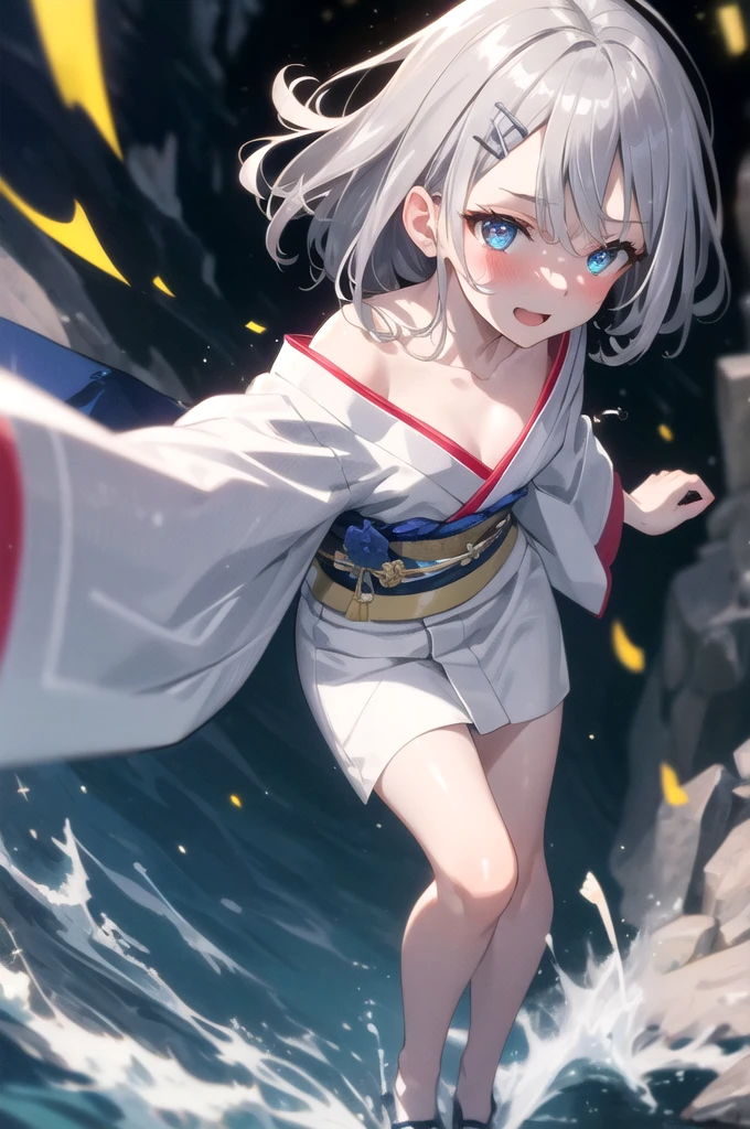 (8K, best quality, master piece: 1.2),super high resolution,1 girl, solo, full body ,ultra-detailed face, blush, ash hair, (silver gray hair:1.3), thin hair clip, cyan colorshift eyes, expressive eyes, collarbone, Ecstatic expression, Midnight, Shining stars and shooting stars, coastline, Colorful kimono,