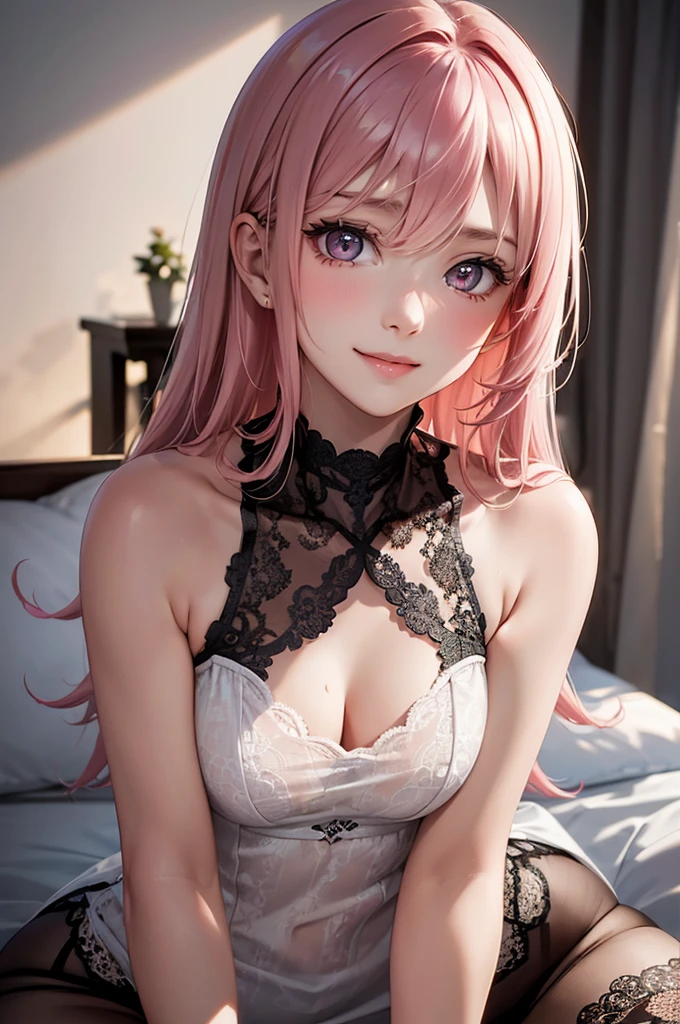 Best Quality,High resolution,8k,finelity detailed background,Masterpiece:1.2),beautiful girl,Shiny pink hair,crossed bangs,Beautiful pink eyes,Gentle look,A refreshing look,Smiling Kindly,Best quality,Best Quality,Aesthetic and aesthetic:1.2,Best details((Super detailed))(High-definition CG illustrations),Upper Body,Grey underwear, (dark gray,intricate lace),Slender body,night,moon,Bedroom,On the bed,smile,blush,cute,Scrounge,Looking up,Being spoiled,super model,wariza,shoot from,below