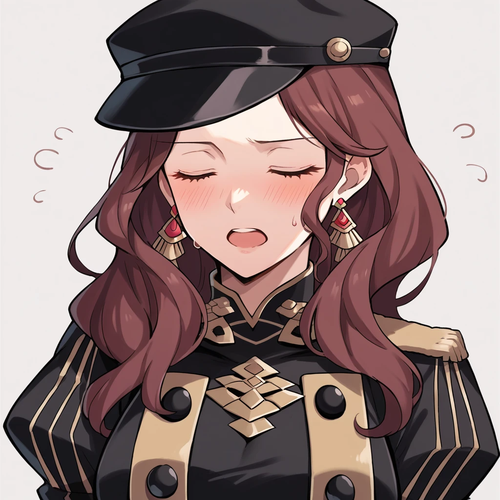 score_9, score_8_up, score_7_up, source_anime, Dorothea (Fire Emblem), bust shot, close-up, black headwear, (black long-sleeve uniform), brown hair, dangle earrings, gold trim, closed eyes, jewelry, large breasts, long hair, black peaked cap, black hat, look down, aroused facial expression, slightly-open mouth, blush, sweat