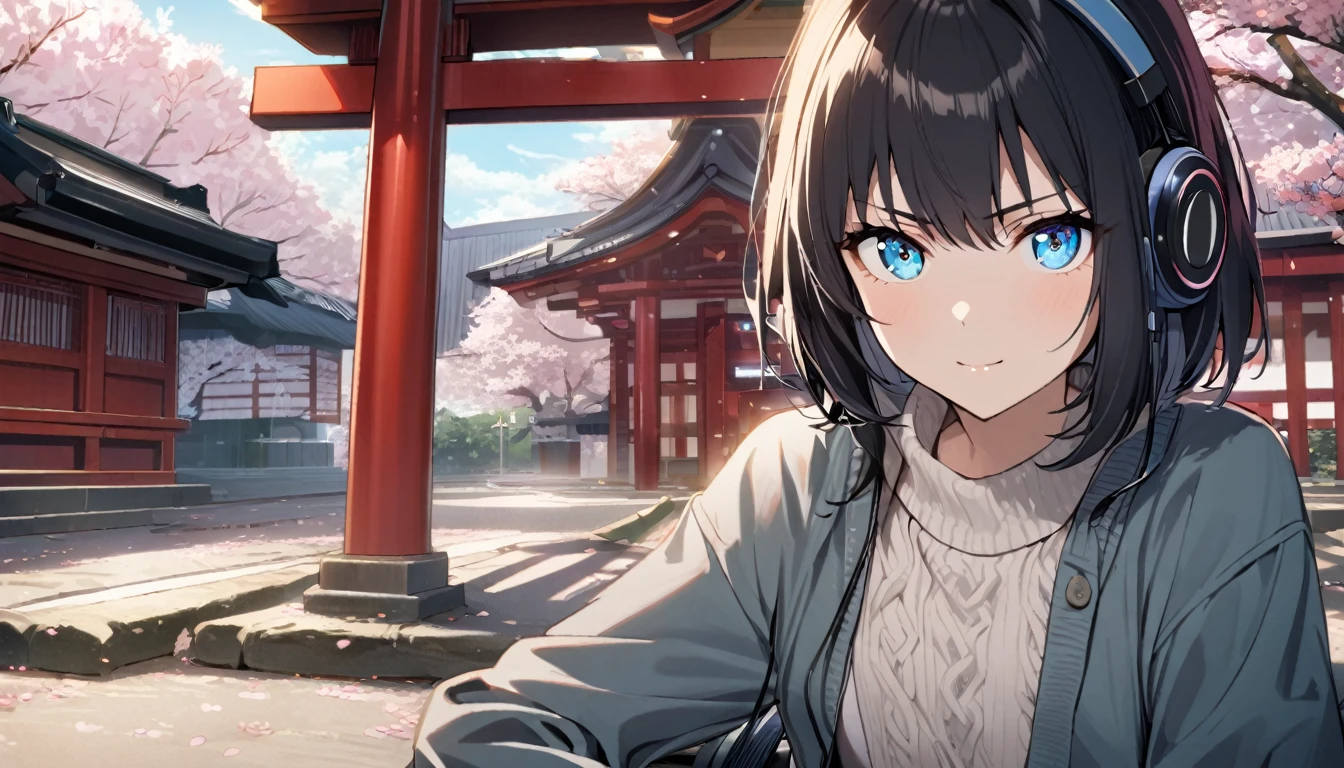 1girl, solo, gentle smile on her face flat chest, short hair, black hair, blue eyes, (detailed eyes), wearing a sweater, black skirt, medium hair, headphone, because, teen, serious face, Japanese high school girl. She is sitting at the shrine,cherry blossoms,Cherry blossoms