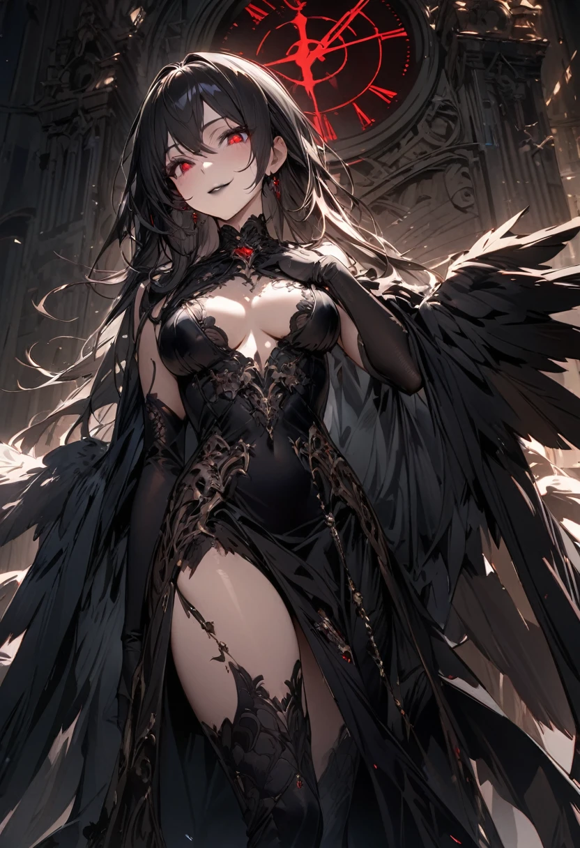 Highest quality、Highest quality、Masterpiece、girl((Metal body,Age 25、as soon as、Highest Bust、Medium Bust、Wide open chest、Red glowing eyes、Black Ear、Red Mesh、Disheveled Hair、Loincloth、thin、The best valley、Open chest、Luminous Wristbands、hair ornaments、Full body view、Black Dress、scar、cell phone、A little muscular、Ruby Necklace、))、high quality、Beautiful Art、background((night、Concert Hall、Black Bird、Black butterfly))、flight、Flying Debris、Depth of text、movie、Visual Arts、Perfect Art、8K、Genuine、