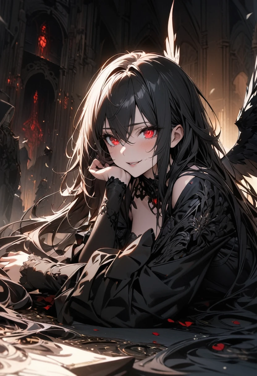 concept is A girl's fallen angel,wearing black clothes and has black wings,red eyes,black lip,She lies face down on the clock tower and puts her hands on her chin and looks down at the lower world.An invincile smile,(((masterpiece))), (((best quality))), ((ultra-detailed)), (illustration), (detailed light),((an extremely delicate and beautiful)),(beautiful detailed eyes),Darkness