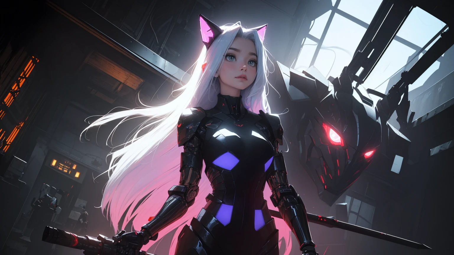 Life like sexy anime cyborg cat girl with long white hair and blue eyes, full body portrait, white and black battle dress, battle armor, life like characteristics,ultra realism, Soft smile, riding a mystical black dragon,apocalyptic background, naughty pose, hyper realistic, 3 d anime realistic, advanced digital anime art,extremely detailed art germ, 8k high quality detailed art, solo,full body portrait, amazing beauty,, dynamic pose, delicate face, vibrant eyes, (from the front), silver hair, streaked hair, very long hair, expressive hair, multicolored eyes, aqua eyes, purple eyes, fox ears,heart earrings, earrings, light smile, shy, blush, parted lips, licking lips, heavy breathing, naughty face, naughty, sparkle, god rays, super detail, high quality, anatomically correct, textured skin, best quality,full body portrait,silver wolf,seen from below,guweiz on artstation pixiv, forest back ground, resolution 4098x2160, 8k --auto --s2
