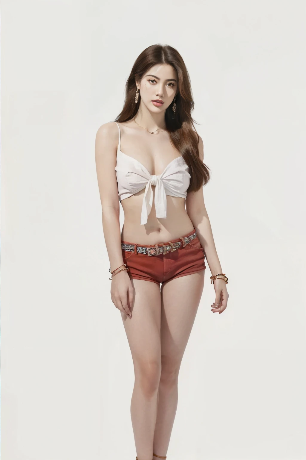 ((beauty eyebrows:1.4,beauty eyes:1.4,head out of frame:1.4,lower body:1.4,covering crotch:1.4,(((hand between legs:1.4))))),(((((full body:1.4,standing:1.4,looking at downside:1.4)),((red micro shorts:1.4,)),calf:1.4,ankle:1.4,high angle:1.4,knees together feet apart:1.4,sexy:1.4,beauty face:1.2,belt:1.4,1girl:1.4,large breast:1.4,Connie:1.4,long hair:1.2,tied shirt:1.2,earrings:1.2, navel:1.2))),((simple background:1.4)),(photo realist: 1.4), (hiper realist: 1.4), (realist: 1.3), (smoother lighting: 1.05), (Improve the quality of movie lighting: 0.9), 32K(increase the beauty of skin texture: 1.4, better quality, (beauty), (masterpiece:1.4), (Physically based rendering:1.4), (ultra high resolution:1.4), (best quality:1.4)