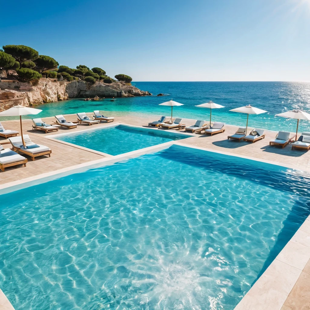Captures an image from different angles of a very large pool in which there are some white rectangular signs floating on the water, all the same and of the same size, and in the center of the pool there is a fat, smiling Santa Claus floating in the water bathing with sunglasses and very happy, everything takes place under a radiant sun on a Mediterranean beach with impressive lighting for a perfect shot. professional photography, 8k, RAW photo, The best quality, Masterpiece, photorealistic, Highly detailed, cinematic lighting, sharp focus, réflex digital, high resolution, photorealistic, 