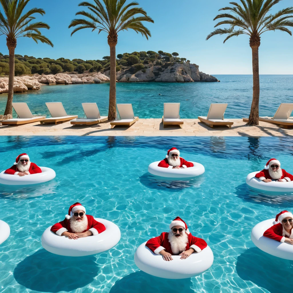 Captures an image from different angles of a very large pool in which there are some white rectangular signs floating on the water, all the same and of the same size, and in the center of the pool there is a fat, smiling Santa Claus floating in the water bathing with sunglasses and very happy, everything takes place under a radiant sun on a Mediterranean beach with impressive lighting for a perfect shot. professional photography, 8k, RAW photo, The best quality, Masterpiece, photorealistic, Highly detailed, cinematic lighting, sharp focus, réflex digital, high resolution, photorealistic, 