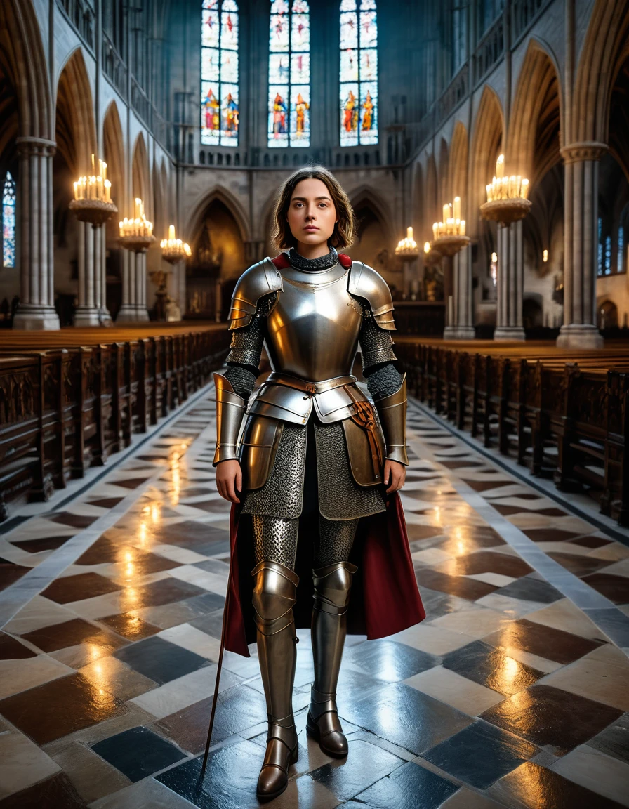 (best quality,4k,8k,highres,masterpiece:1.2),ultra-detailed,(realistic,photorealistic,photo-realistic:1.37), full body shot, Jeanne d'Arc, Joan of Arc, female knight standing inside a cathedral, short braided brown hair, historical accurate armour, heroic posture, standing, cinematic lighting, vibrant colors, great composition