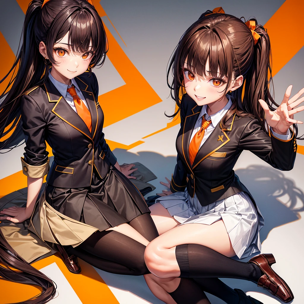 blazer with goldlines, Hairstyle with high ponytai, schooluniform, darkbrownloafers, beautiful woman, fullbody, brown plide miniskirt, almondeye, smile, blacksocks, brown jacket, orange ribbontie, orange eye, blackhaircolor