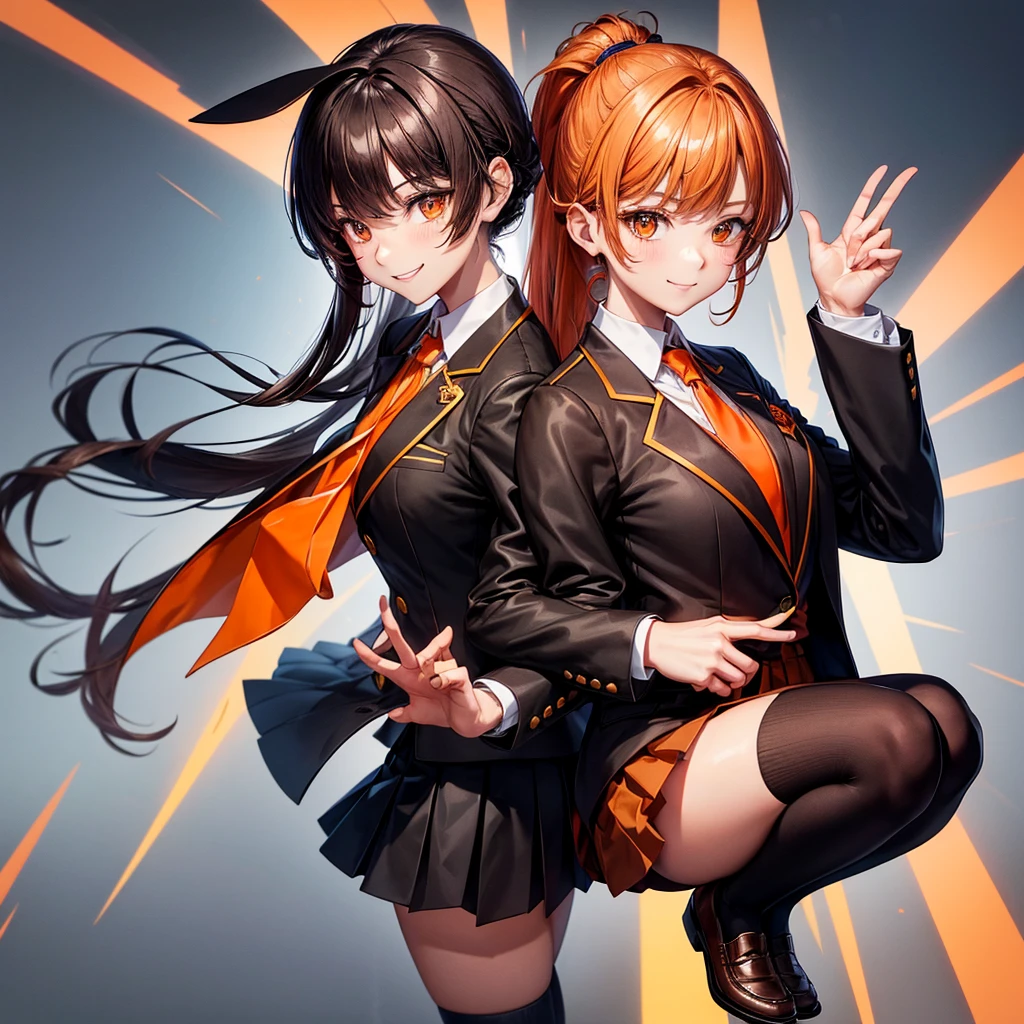 blazer with goldlines, Hairstyle with high ponytai, schooluniform, darkbrownloafers, beautiful woman, fullbody, brown plide miniskirt, almondeye, smile, blacksocks, brown jacket, orange ribbontie, orange eye, blackhaircolor