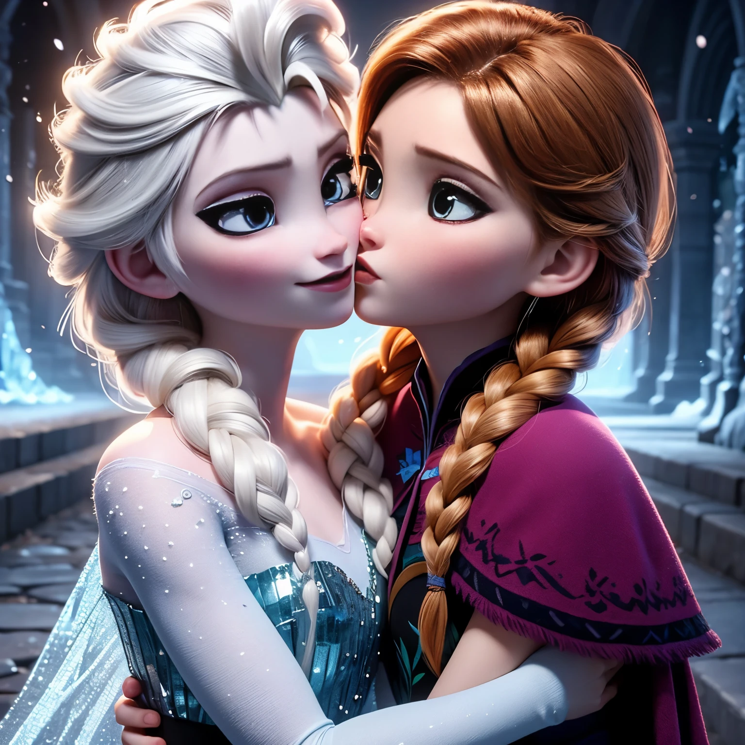 (masterpiece), best quality, expressive eyes, perfect face),((ELSA),(ANNA),frozen,(deep kissing),hug,