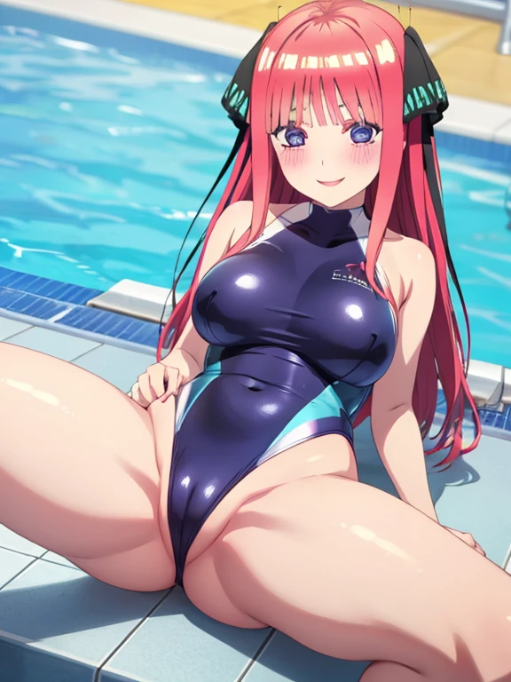 best quality, insanely detailed, nino nakano, swimsuit, breasts, blush, swimming pool background, smile, spread legs, pussy,highleg leotard