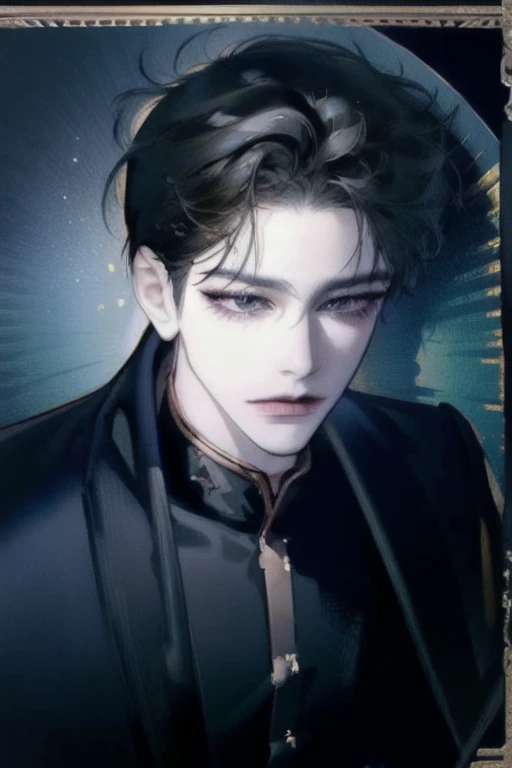 4K, Masterpiece, best quality, high resolution, details, 1 man, adult, panther, sharp eyes, Pale skin, Korean makeup, One eye is black and the other is golden yellow., black hair, black and white hair, , black solid background