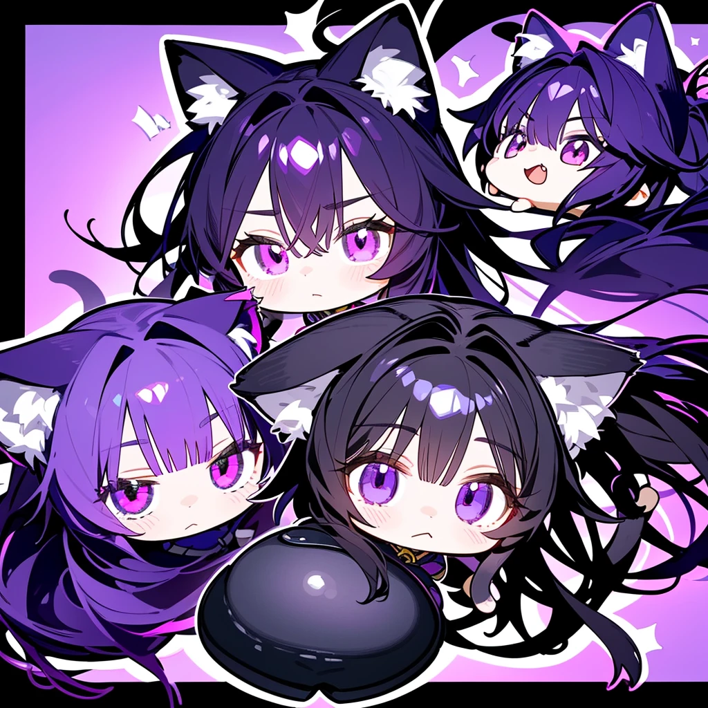 Generate an image from a ,with cat ears,black wavy hair,sharp eyes more purple in color,generate a tuber png image with other expressions in chibi format