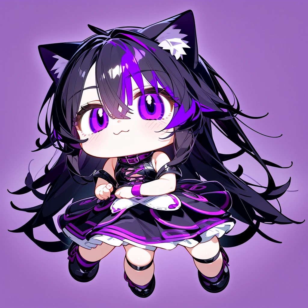 Generate an image from a ,with cat ears,black wavy hair,sharp eyes more purple in color,generate a tuber png image with other expressions in chibi format