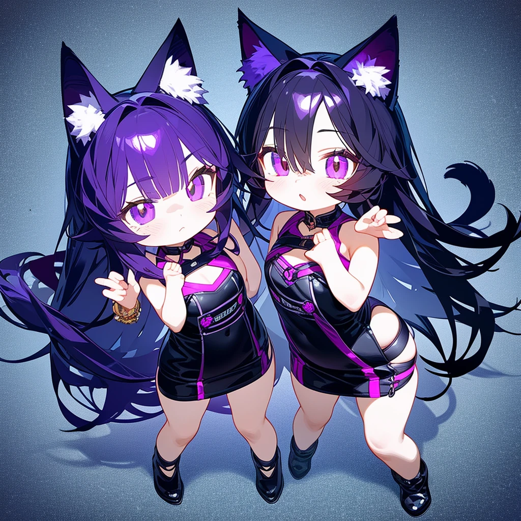 The image depicts an anime-style character with blue hair, a purple hooded outfit, a white cheer skirt, and a black choker. It has cat ears. The character has a smiling expression and is facing the viewer.