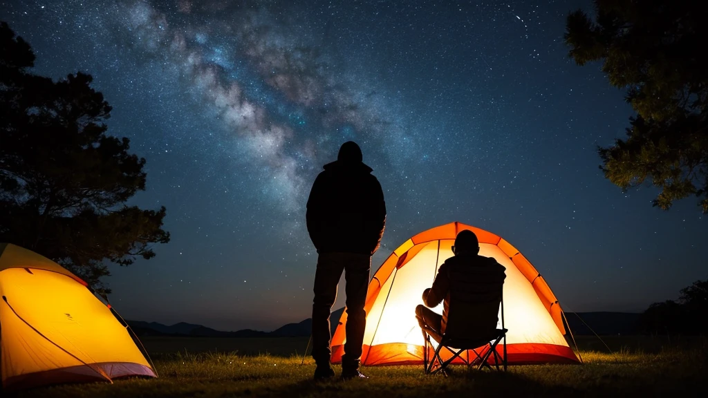 Silhouette of one man, back view, camping, animation night