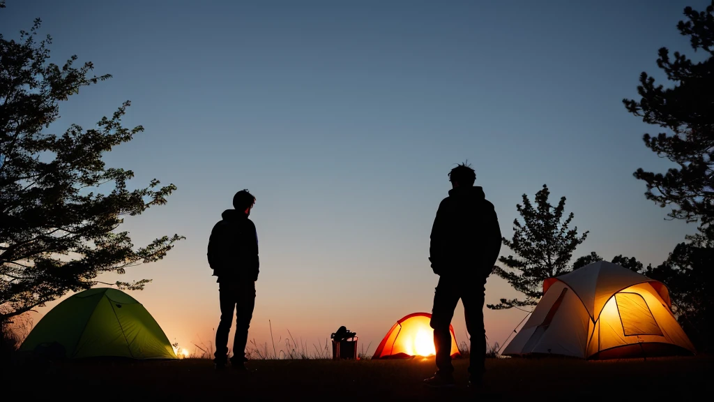 Silhouette of one man, back view, camping, animation night