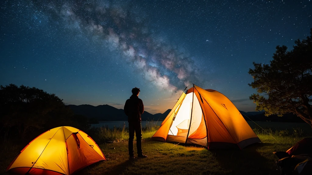 Silhouette of one man, back view, camping, animation　night