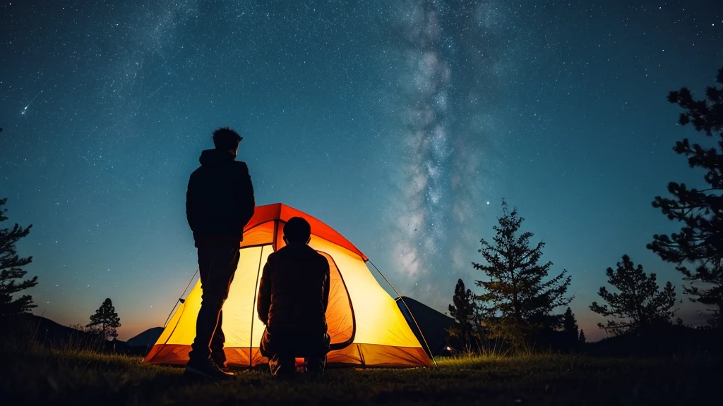 Silhouette of one man, back view, camping, animation night
