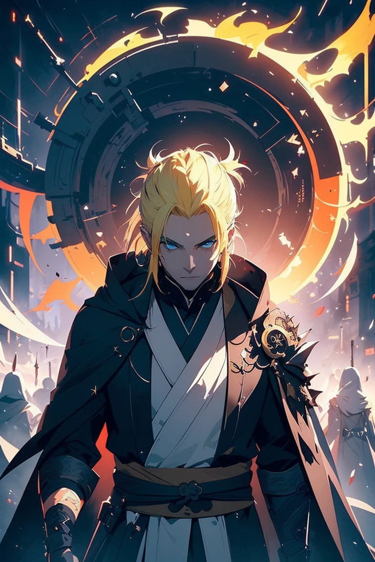 (Onmyoji theme)), (in 8K、top-quality、masterpiece:1.2)、Vampire、Cyberpunk men、fantasy worlds、dark backgrounds、Clean design、Magnificent Instagram、art stations、Colorful paint splatter、silhuette、Ultra-detailed intricate details、unrealengine、Fantasia、intricate detailes、Splash Screen、Complementary color scheme、Fantasy concept art、an oil painting、heavy strokes、Paint dripping、(isolated on white:1.3)、Rainbow skin、(((Handsome young man)))、(glowingblueeyes)、 ((Bright eye)), (( Spiky Hair, Yellow hair:1.1))), ((Black Millitary Coat)), (prinz\\(indifferent look\\),(Wearing a luxurious black robe with high detail))), Yellow-haired, Frost Rune magic, ((Wizard)).