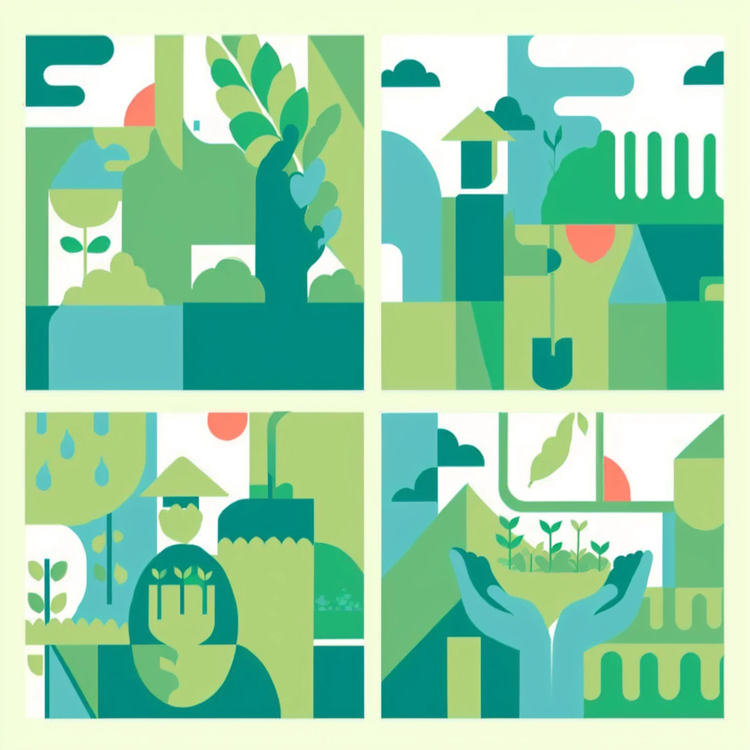 a series of four illustrations of people working in a garden, simple and clean illustration, Permaculture, vector illustration, flat illustration, simple illustration, commercial illustration, infographic with illustrations, whole page illustration, stylised illustration, full page illustration, illustration!, illustrations, portfolio illustration, editorial illustration, Sustainability, Vector Design, Flat 2D vector art, illustration detailed