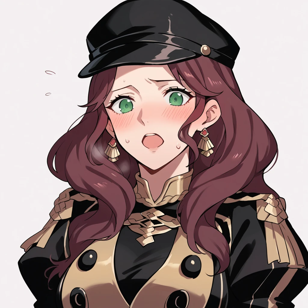 score_9, score_8_up, score_7_up, source_anime, Dorothea (Fire Emblem), bust shot, close-up, black headwear, (black long-sleeve uniform), brown hair, dangle earrings, gold trim, green eyes, jewelry, large breasts, long hair, black peaked cap, black hat, look down, aroused facial expression, slightly-open mouth, blush, sweat