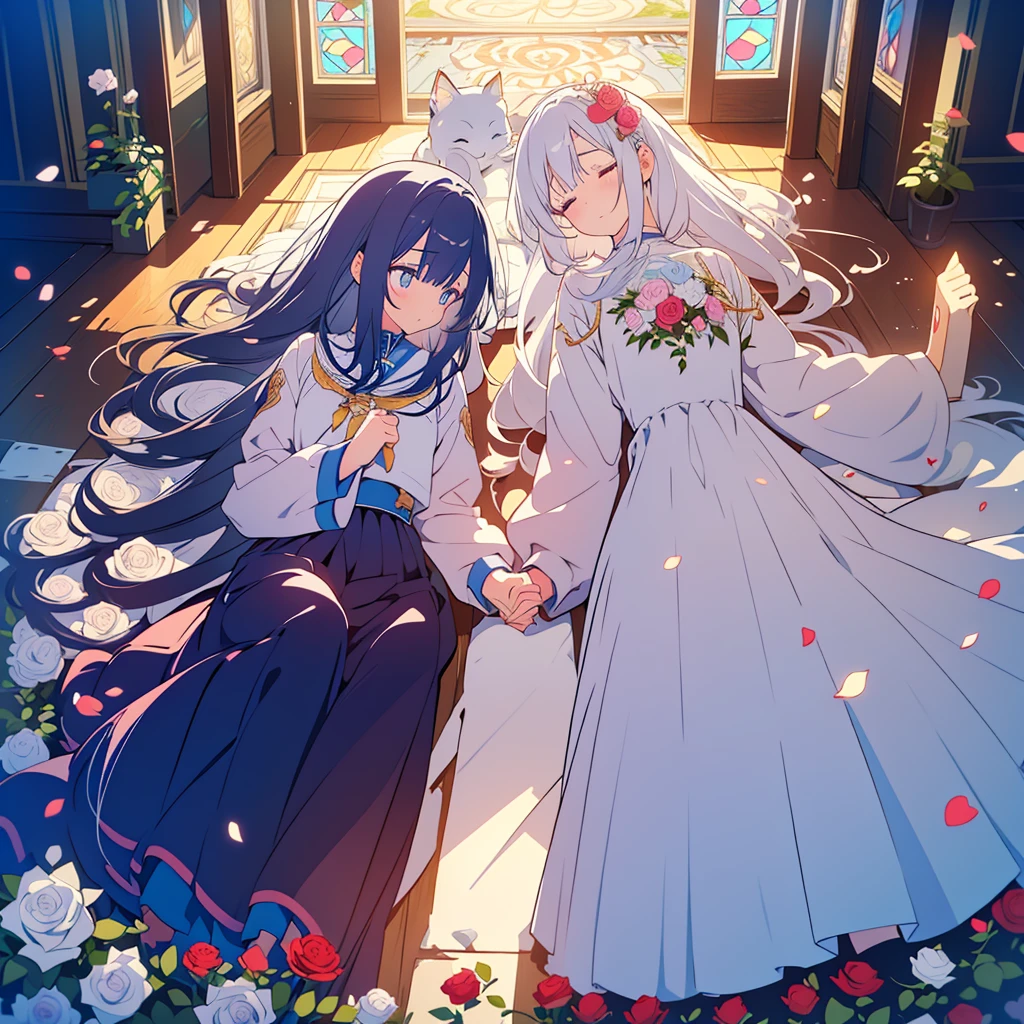 kawaii, anime, Cute, hyper quality, highly detailed, 16k, Clarity, full body, one twenty year old woman, Shining long silver hair, lapis lazuli eyes, White Rose, white rose, plant, Thorns, rose vine, buried in roses, lie down, hold your hand, sad expression, big white rose, rose petals, fog of light, lose one's legs and fall down, collapsed church, Stained glass, light shines in, Draw faces clearly, ruins, light pours down, lots of white roses, growing rose vine, rose thorn, white rose petals are dancing, offer a prayer, Draw facial expressions in detail, The only color of roses is white, red carpet,