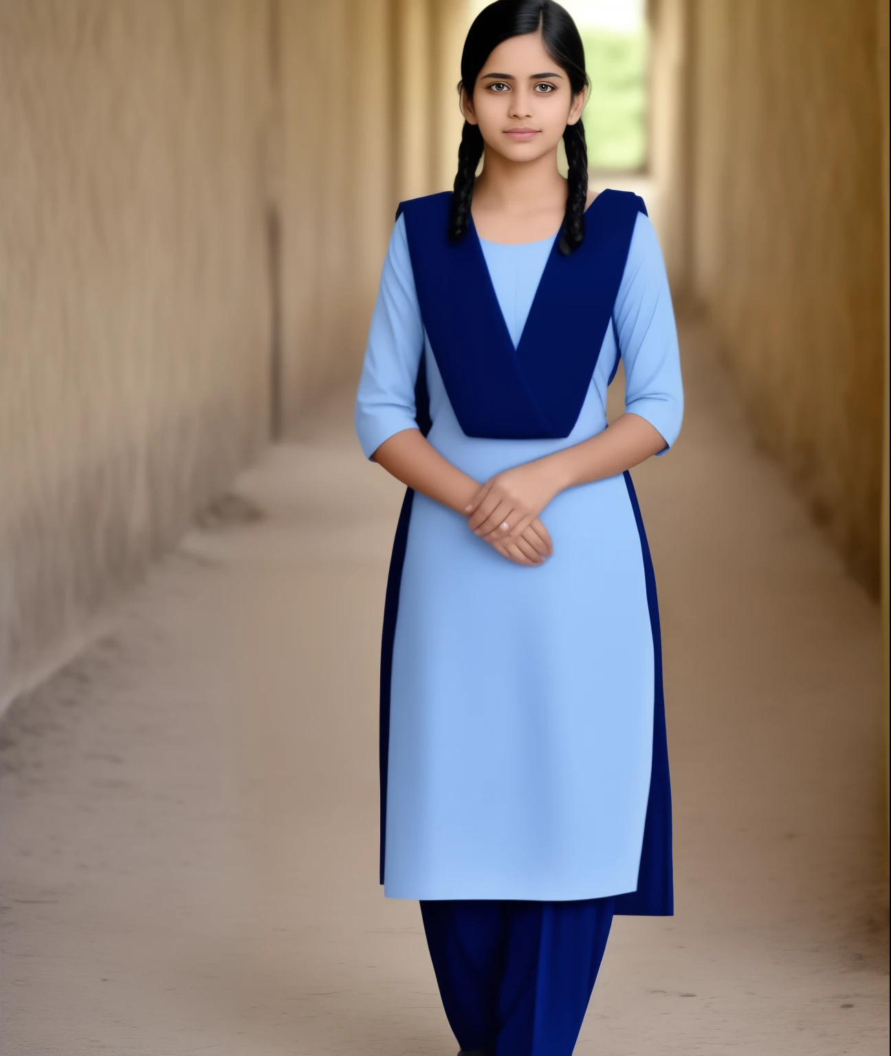 Raw photo , 1 girl  ,Wearing  salwar kameez uniform, teen school girl, with plait , professional photographer, (hdr:1.4), masterpiece, ultra-realistic 8k, perfect artwork, intrincate details, cute face, award winning photograph, (Best quality, 8k, 32k, Masterpiece, UHD:1.3) 