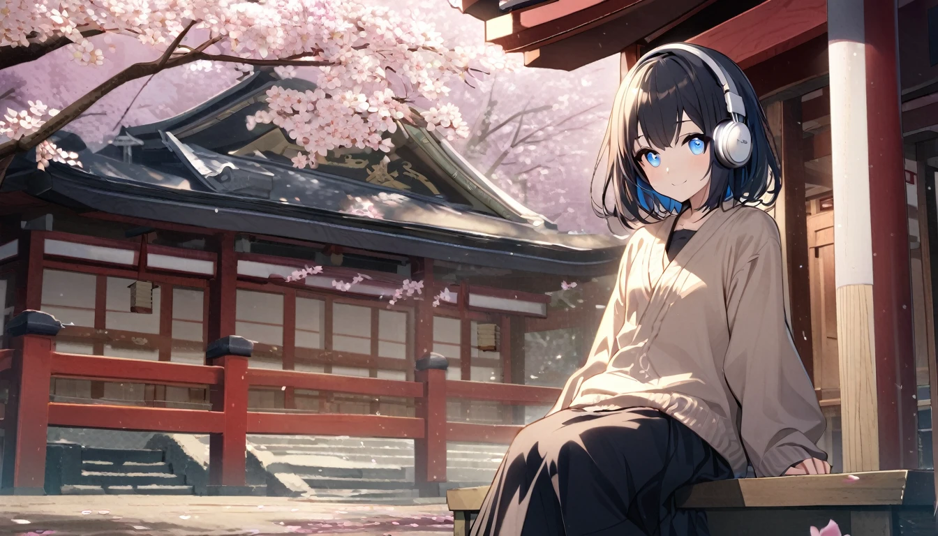 1girl, solo, gentle smile on her face flat chest, short hair, black hair, blue eyes, (detailed eyes), wearing a sweater, black skirt, medium hair, headphone, because, teen, Japanese high school girl. She is sitting at the shrine,cherry blossoms,Cherry blossoms