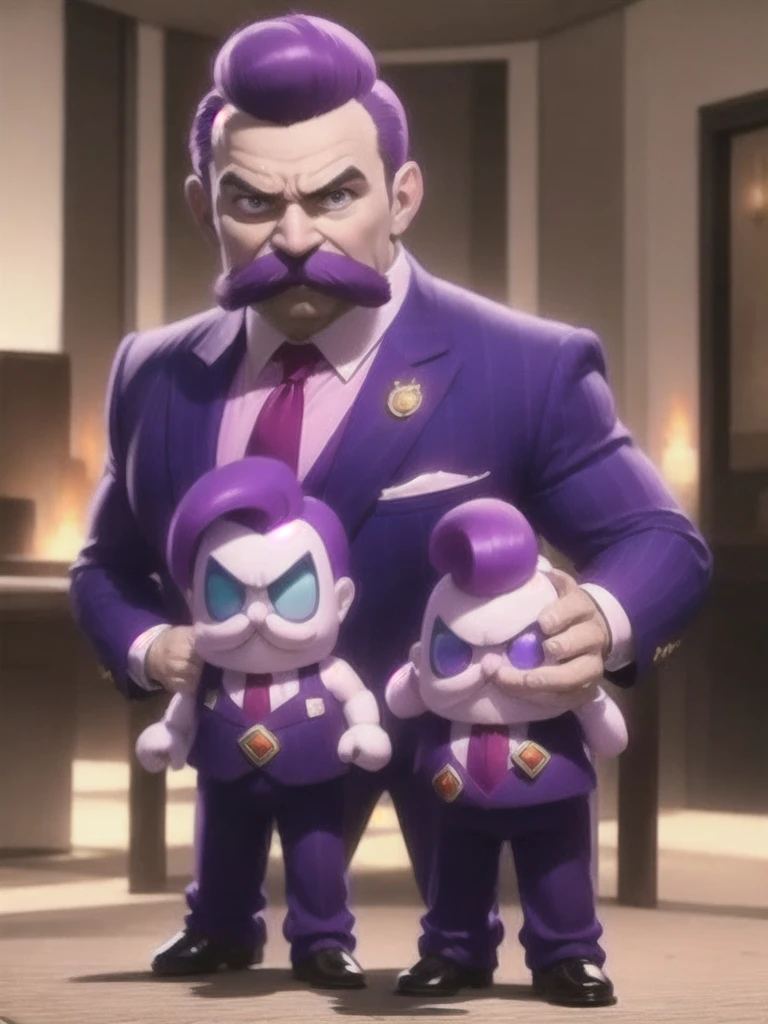  haltmann, purple hair, purple mustache, arms, wearing a dark blue suit with pink vertical lining, pink shirt, red tie, black shoes, gold suit button with a red diamond, pale purple gloves, pink cuffs, pale purple skin, blue eyes, golden earpiece with antenna