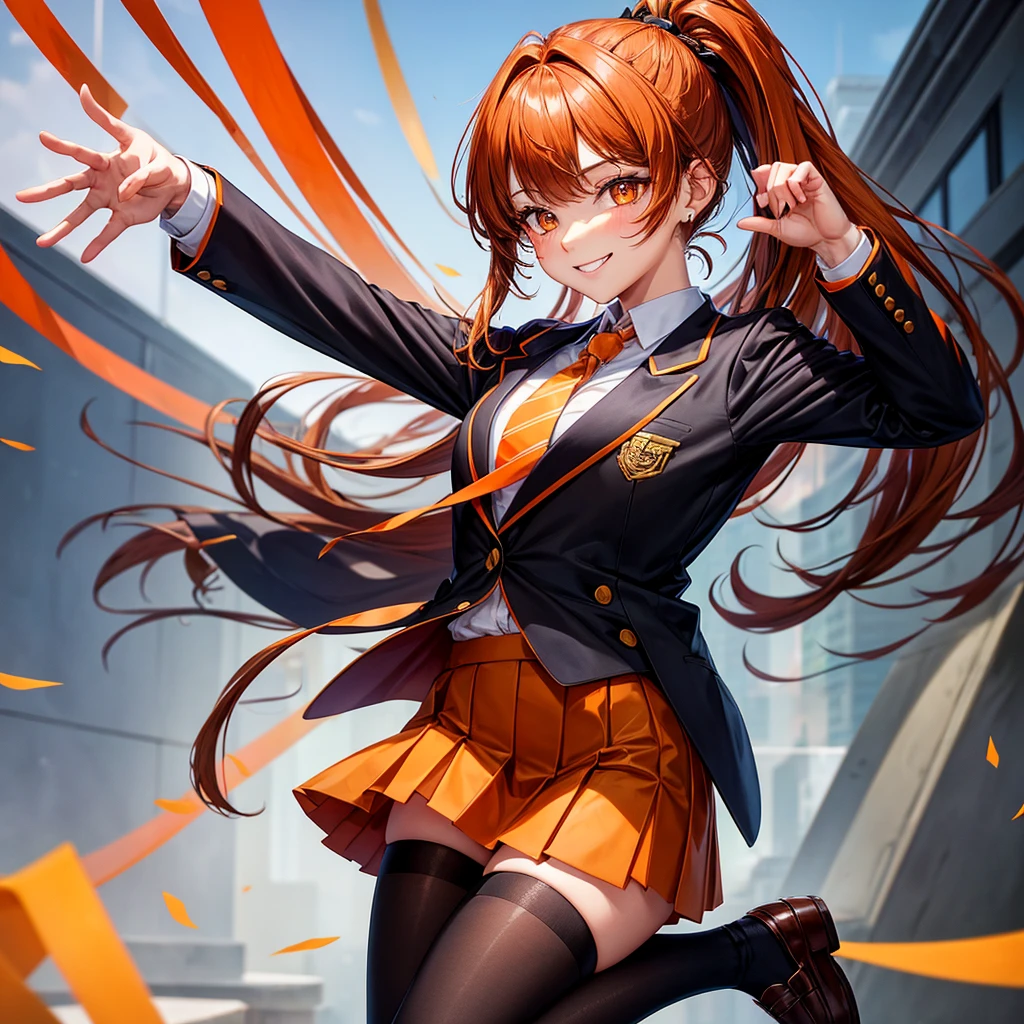 blazer with goldlines, Hairstyle with high ponytai, schooluniform, darkbrownloafers, beautiful woman, fullbody, brown plide miniskirt, almondeye, smile, blacksocks, brown jacket, orange ribbontie, orange eye, blackhaircolor