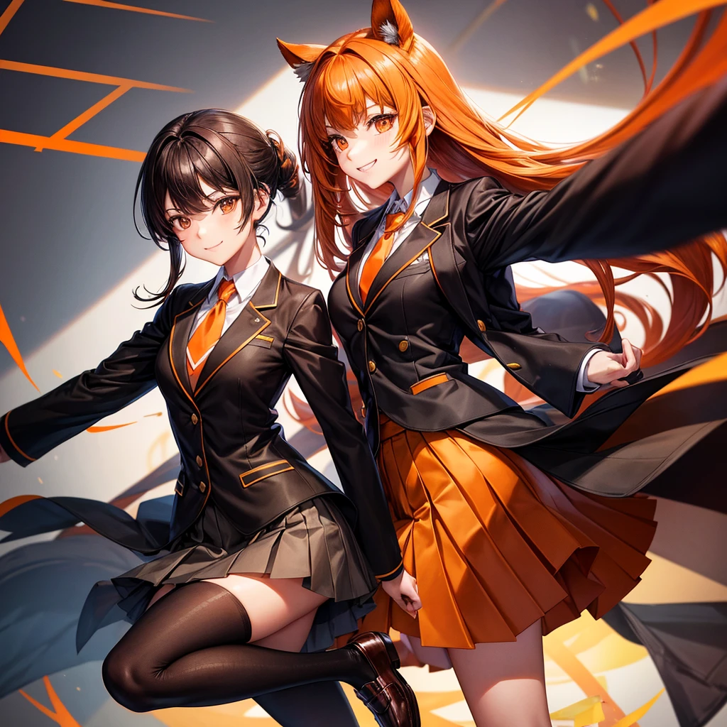 blazer with goldlines, Hairstyle with high ponytai, schooluniform, darkbrownloafers, beautiful woman, fullbody, brown plide miniskirt, almondeye, smile, blacksocks, brown jacket, orange ribbontie, orange eye, blackhaircolor