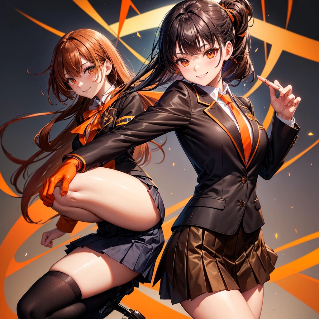 blazer with goldlines, Hairstyle with high ponytai, schooluniform, darkbrownloafers, beautiful woman, fullbody, brown plide miniskirt, almondeye, smile, blacksocks, brown jacket, orange ribbontie, orange eye, blackhaircolor