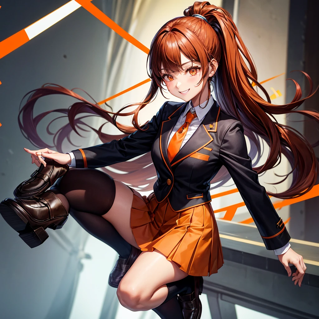 blazer with goldlines, Hairstyle with high ponytai, schooluniform, darkbrownloafers, beautiful woman, fullbody, brown plide miniskirt, almondeye, smile, blacksocks, brown jacket, orange ribbontie, orange eye, blackhaircolor