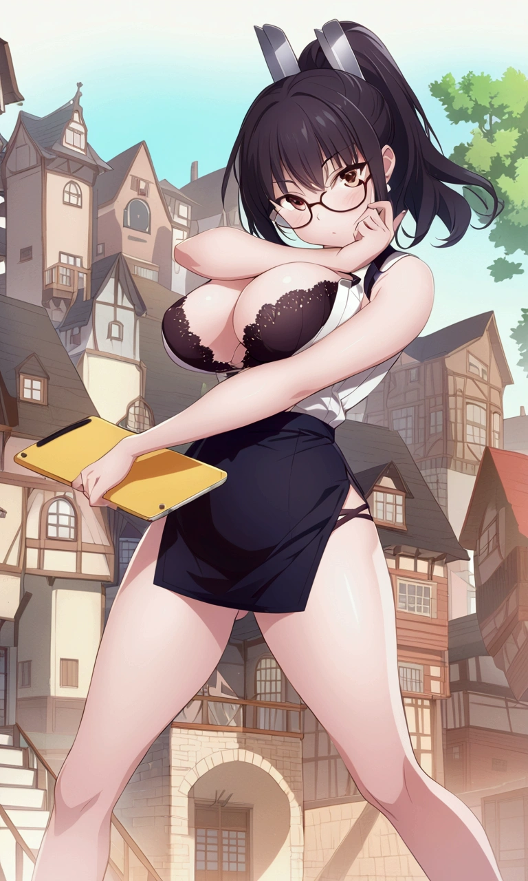 Anime girl in a short skirt holds a knife in front of a building., anime moe art style, Full picture of the short story!, Gouvice, Charming anime girl, Eiji anime style, Exaggerated , Kuchart Krenz Key Art Feminine, A very detailed RTM pathogen., , smooth cg anime art, very big breasts, realistically, Young woman, wear glasses