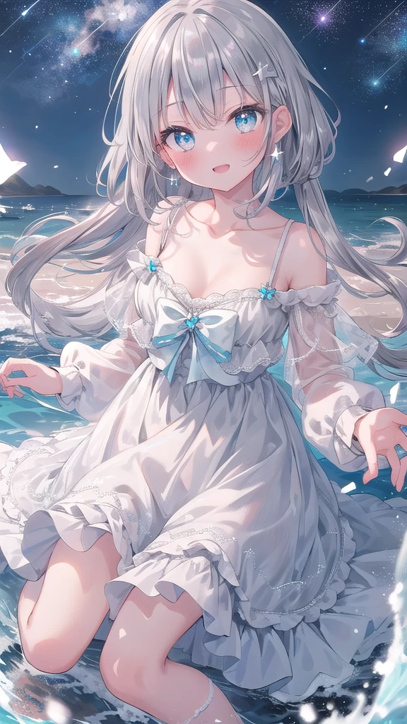 (8K, best quality, master piece: 1.2),super high resolution,1 girl, solo, full body ,ultra-detailed face, blush, ash hair, (silver gray hair:1.3), thin hair clip, cyan colorshift eyes, expressive eyes, collarbone, Ecstatic expression, Midnight, Shining stars and shooting stars, coastline, Gorgeous princess dress